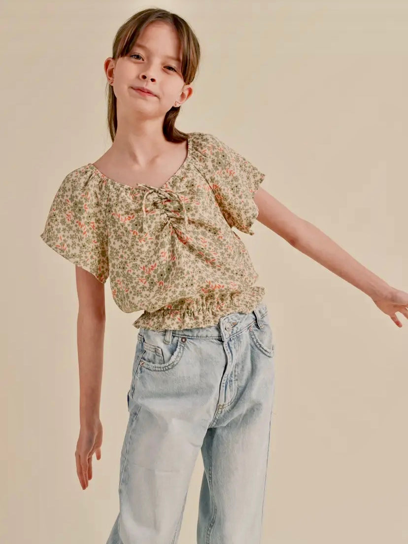 Short Sleeve Cinched Floral Top - Tween - Calla Lily Cosmetics + CL kids