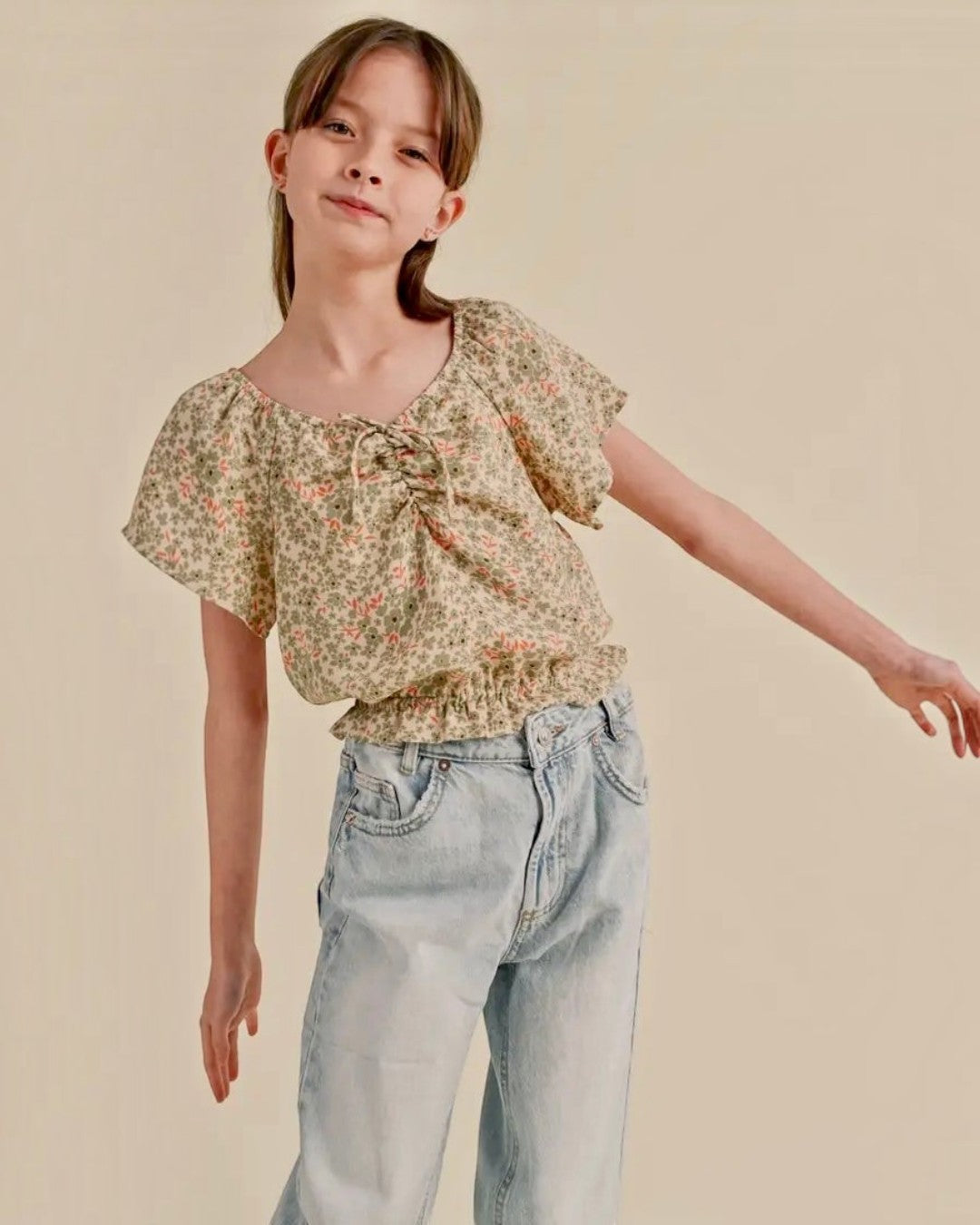 Short Sleeve Cinched Floral Top - Tween - Calla Lily Cosmetics + CL kids