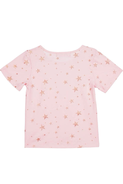 Pink t-shirt with starfish pattern on a white background