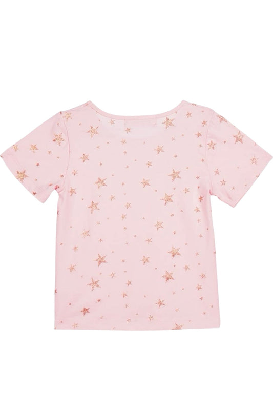 Pink t-shirt with starfish pattern on a white background