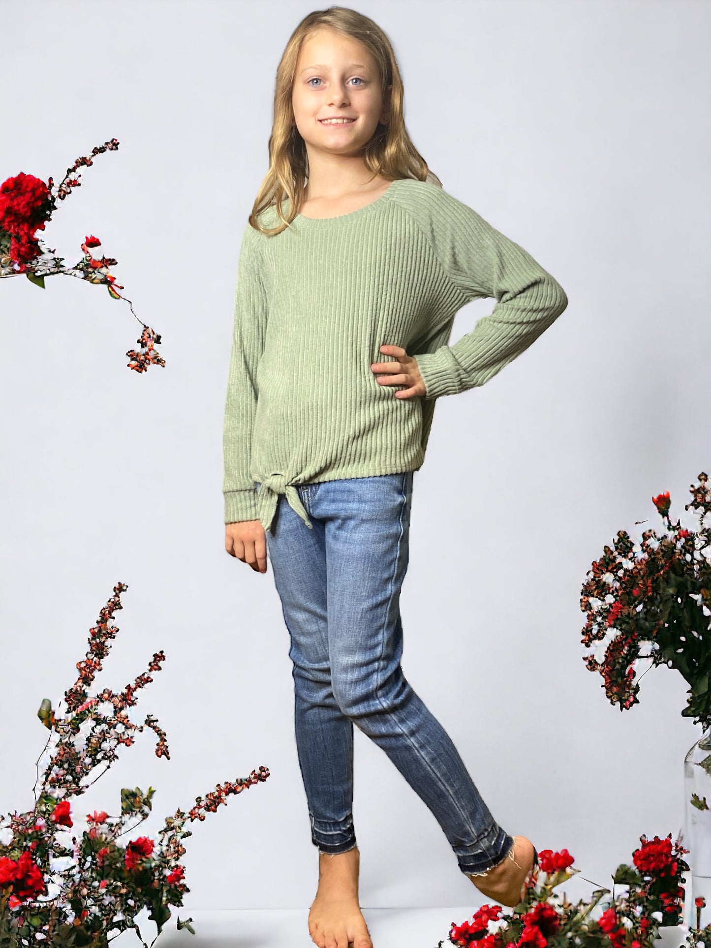 Green Rib Knit Long Sleeve Top - Tween - Calla Lily Cosmetics + CL kids