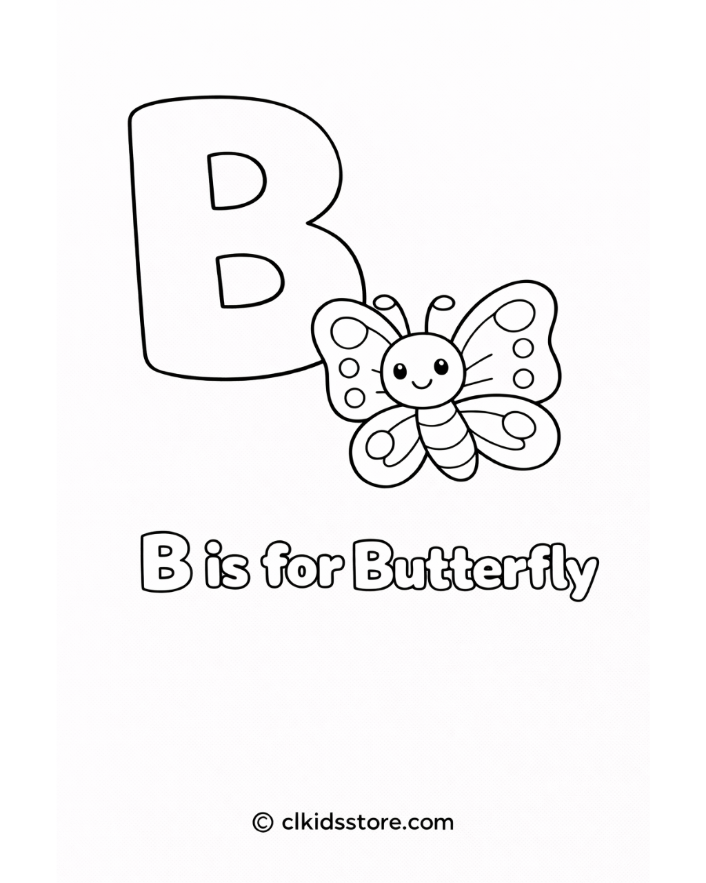 Letter B coloring page with a butterfly and text 'B is for Butterfly' on a white background.