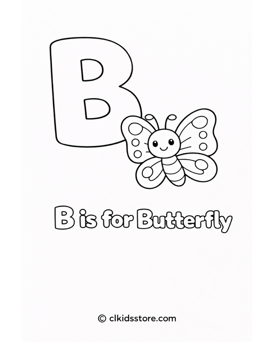 Letter B coloring page with a butterfly and text 'B is for Butterfly' on a white background.