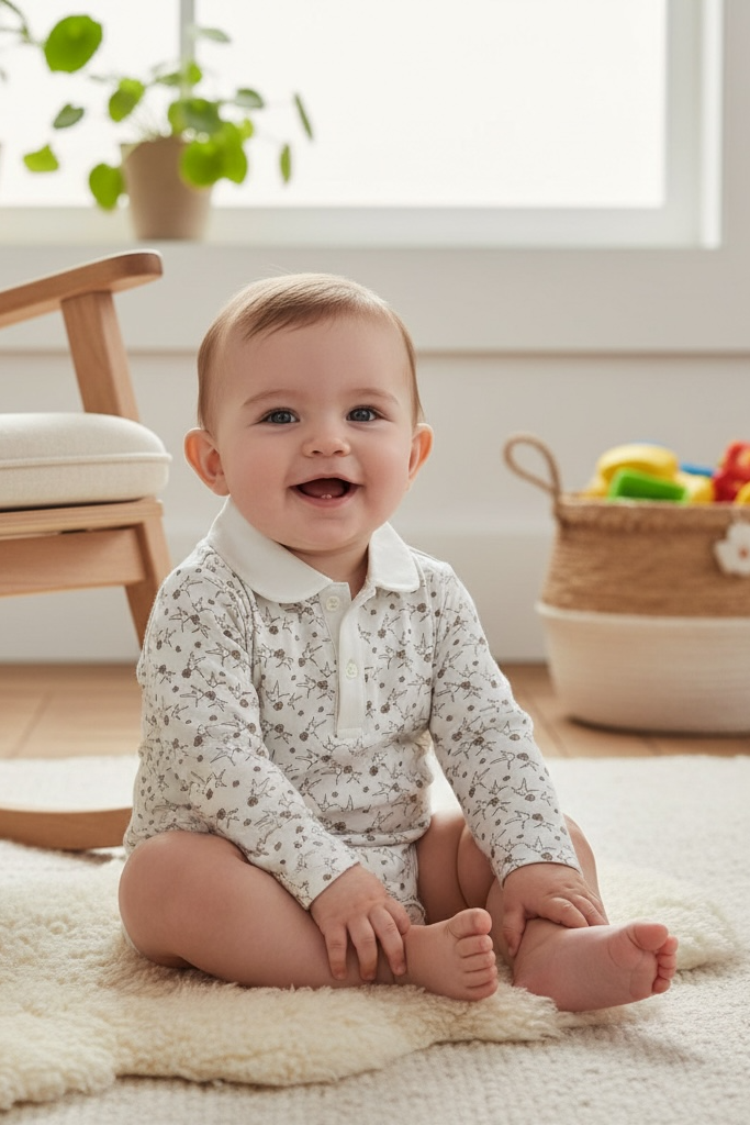 Baby sitting on a rug in a room with a rocking chair and plants.