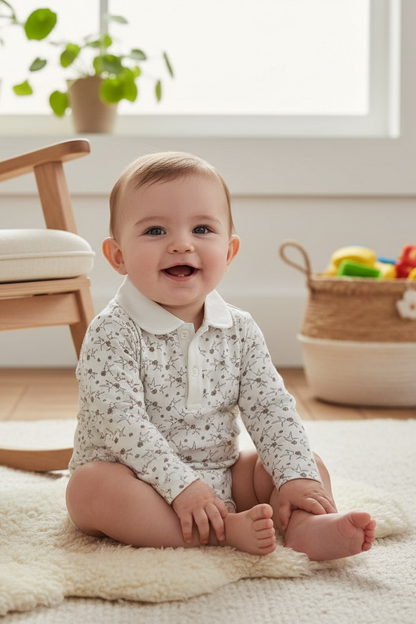 Baby sitting on a rug in a room with a rocking chair and plants.