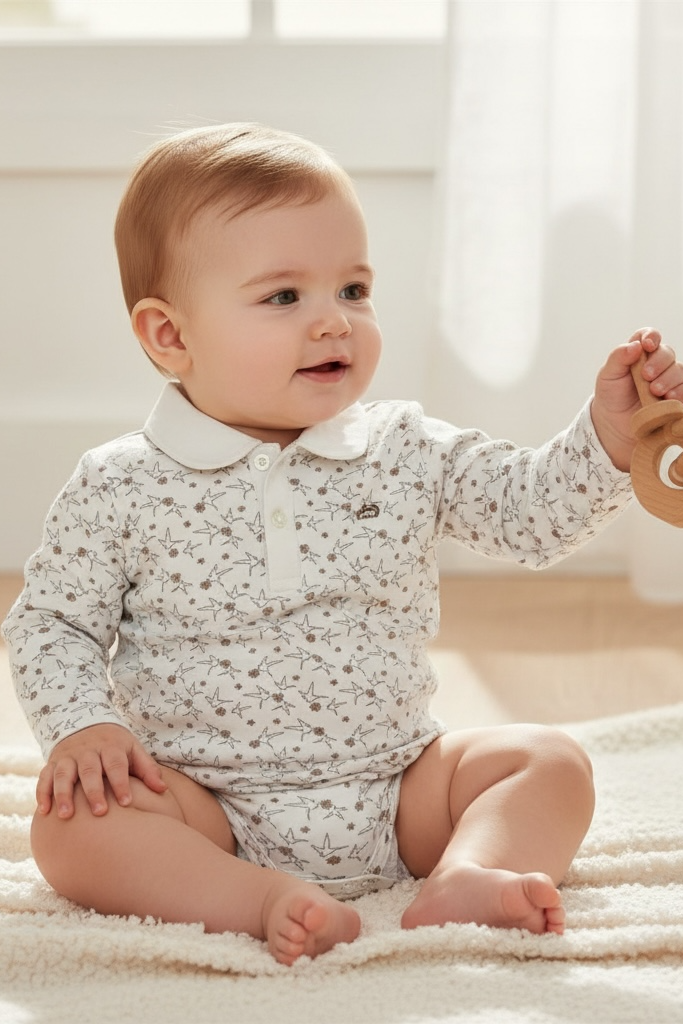 Baby sitting on a rug holding a wooden toy in a bright room.