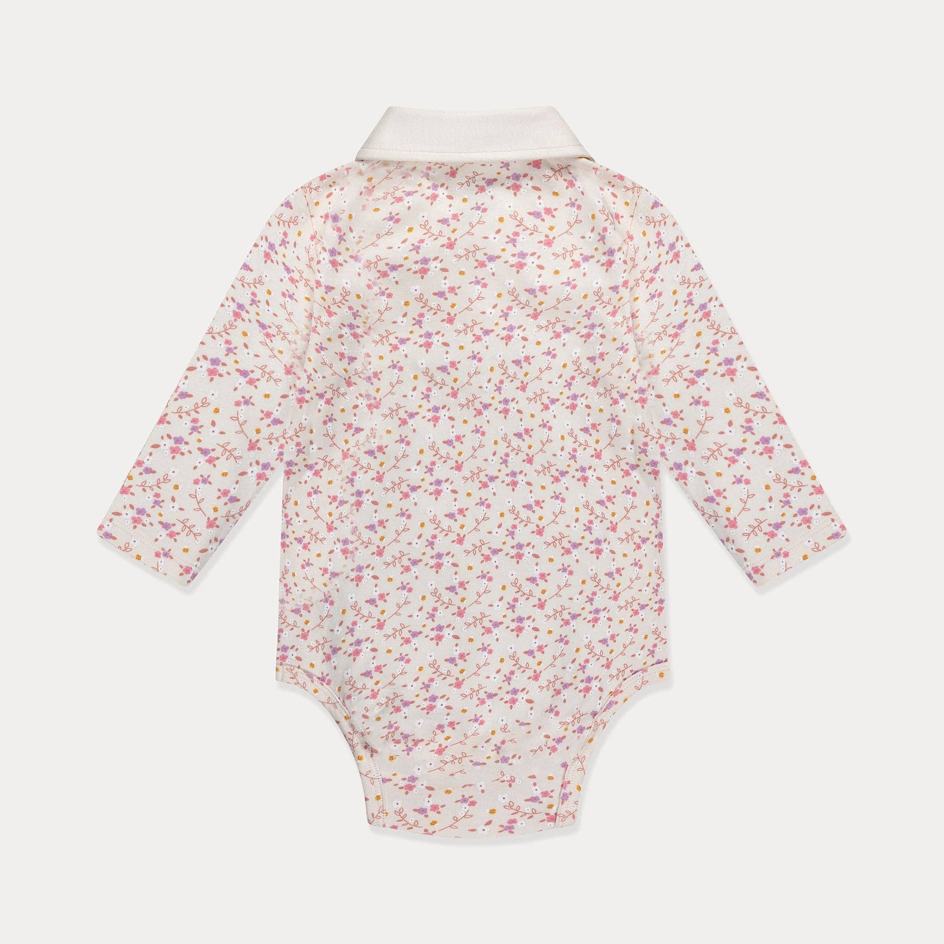 Floral-patterned baby onesie on a white background