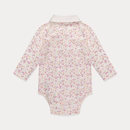 Floral-patterned baby onesie on a white background