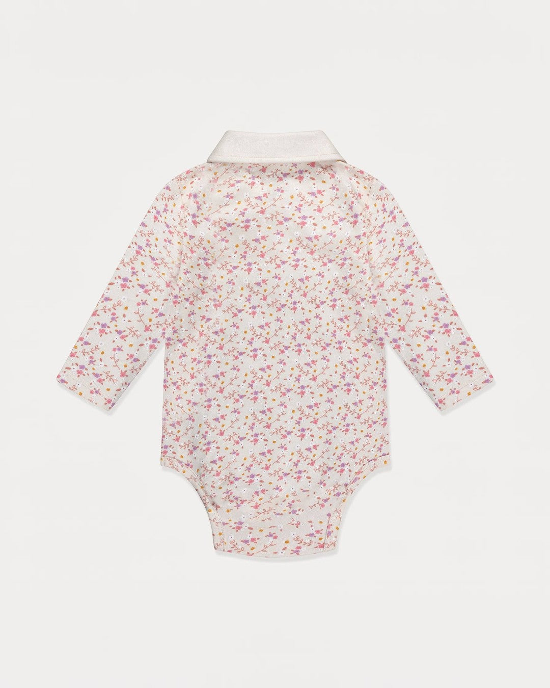 Floral-patterned baby onesie on a white background