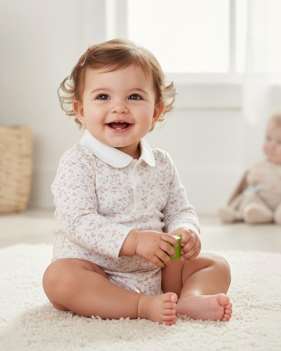 Smiling baby sitting on a carpeted floor with toys around