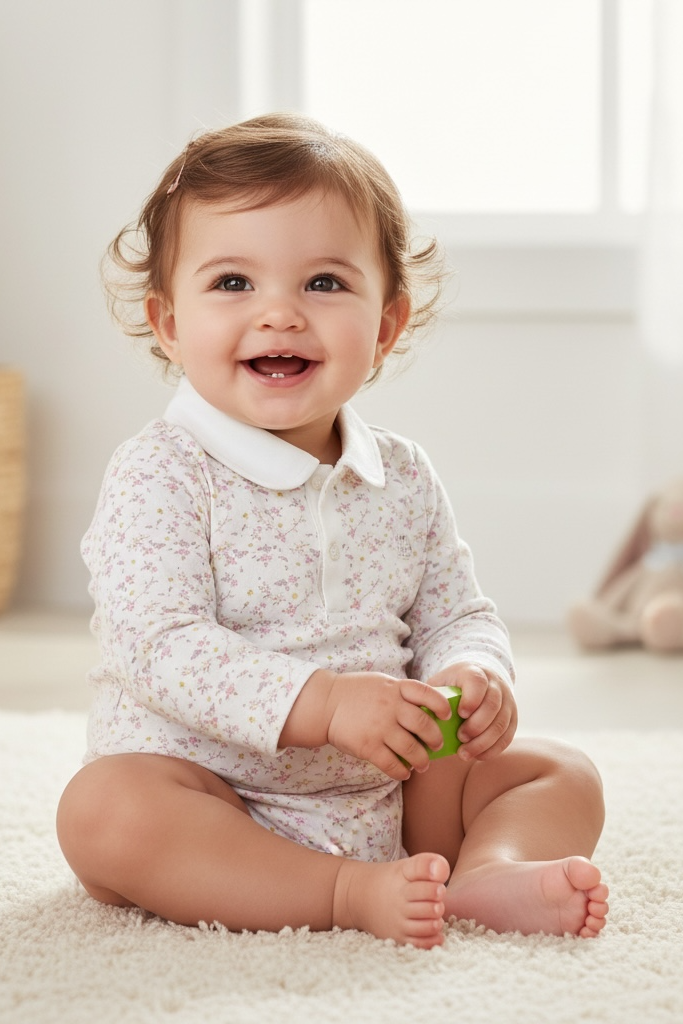 Smiling baby sitting on a carpeted floor with toys around