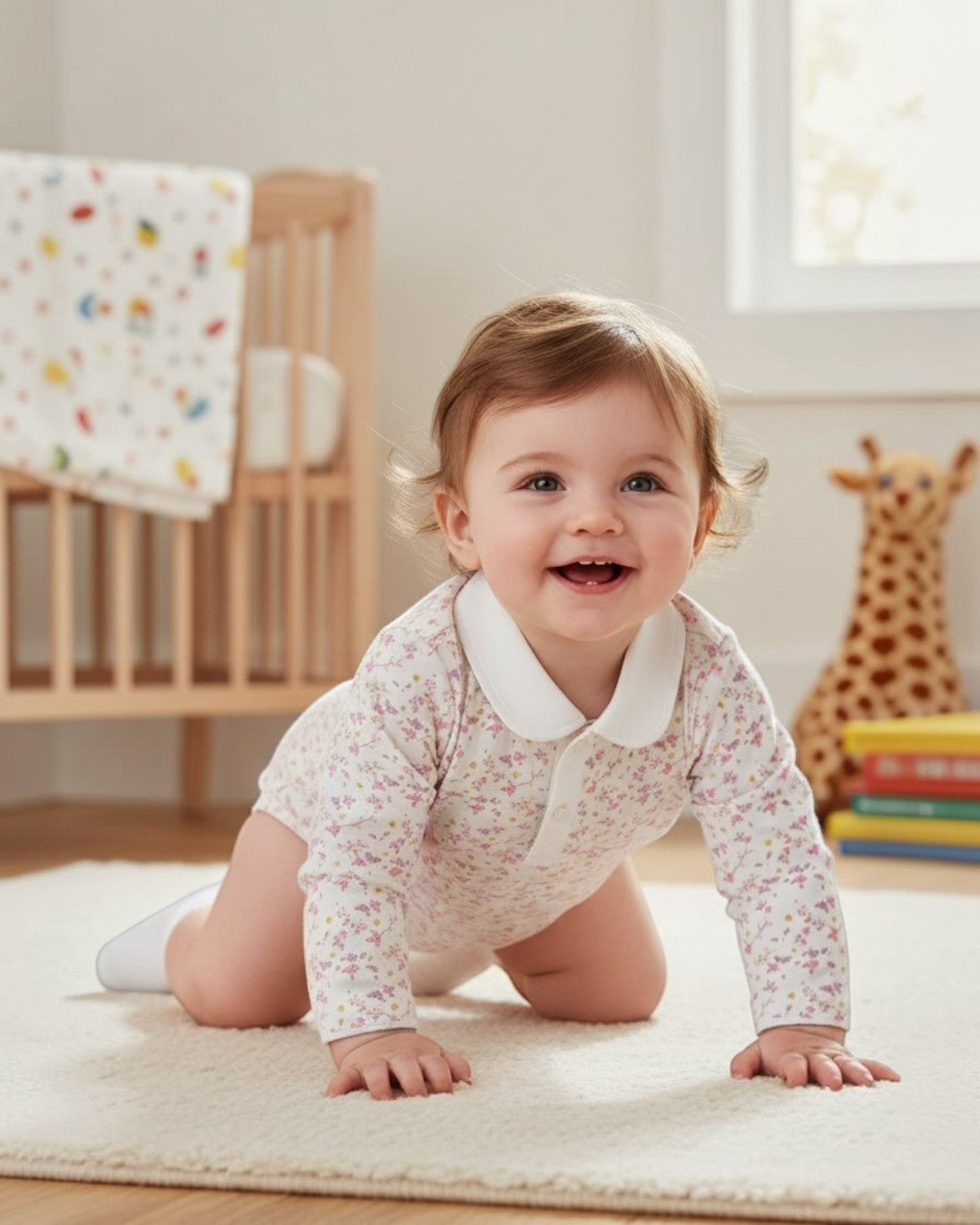 Baby crawling on a rug in a nursery with a crib and toys in the background