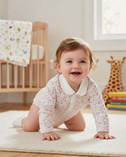 Baby crawling on a rug in a nursery with a crib and toys in the background