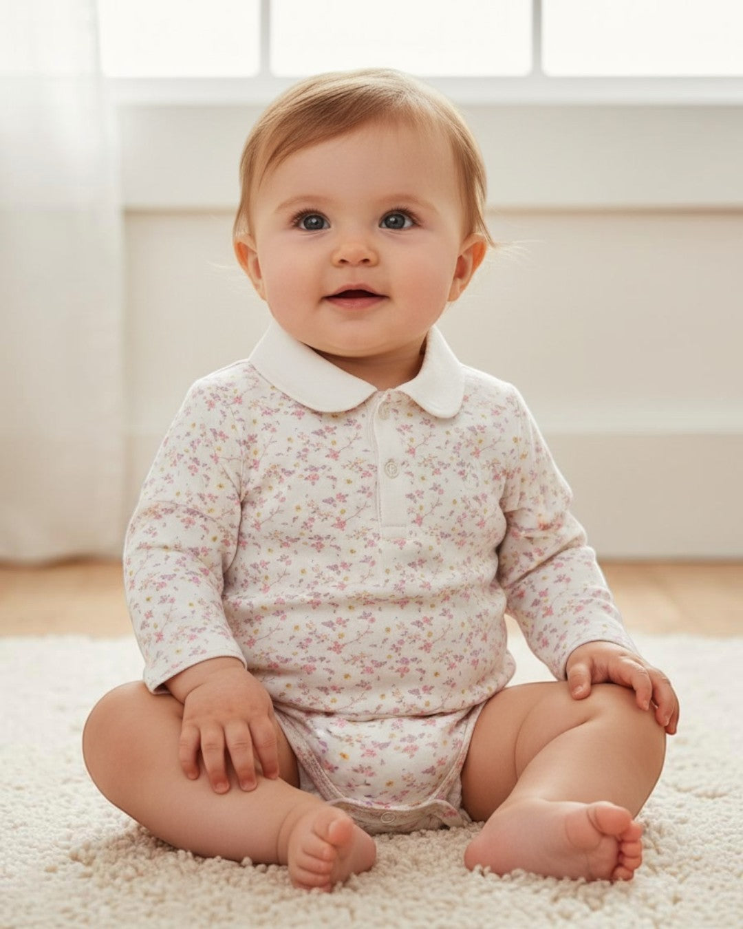 Baby sitting on a carpeted floor wearing a floral outfit.
