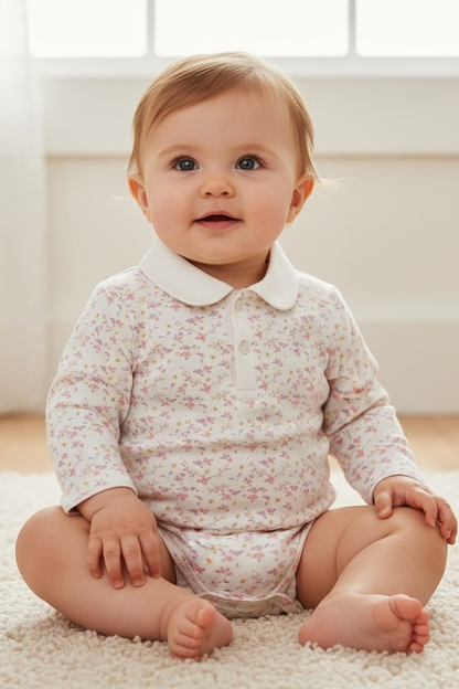 Baby sitting on a carpeted floor wearing a floral outfit.