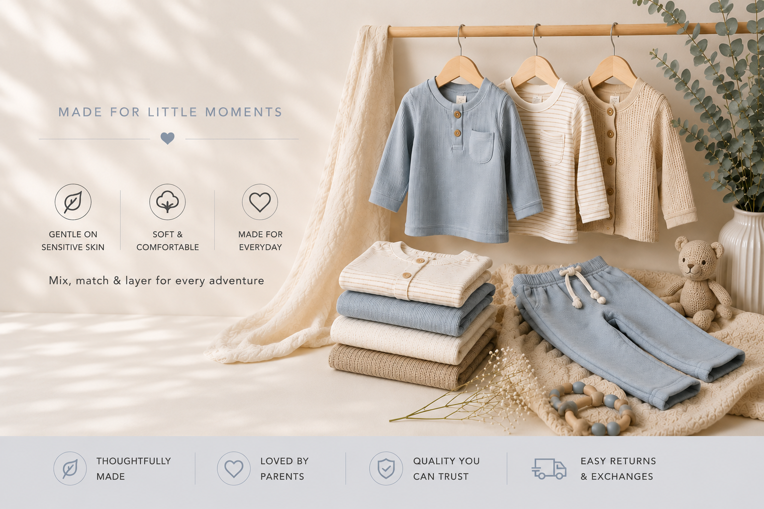 Children's clothing set on a wooden rack with text about product features.