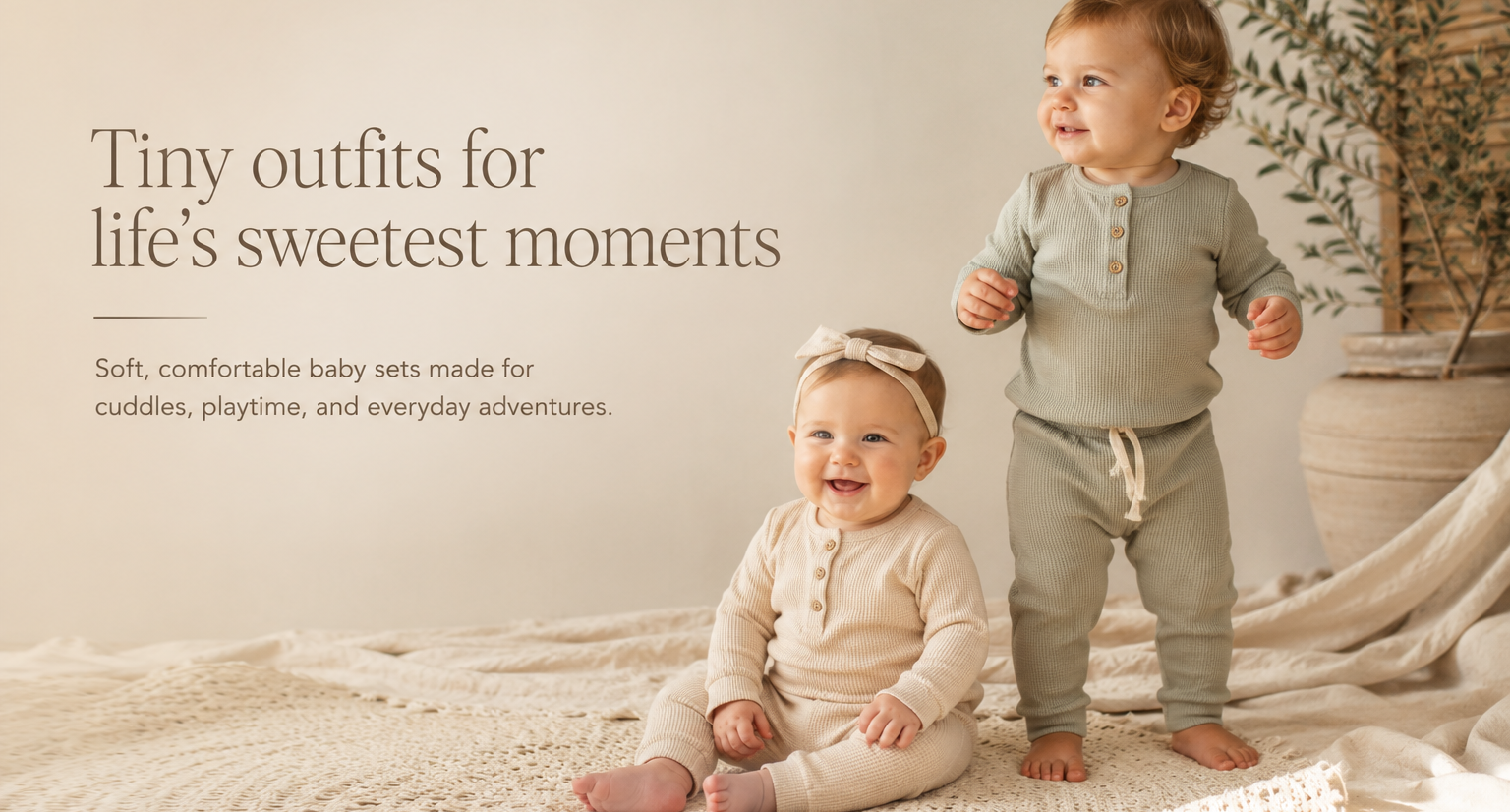 Two babies in matching outfits sitting on a textured blanket with text about baby sets.