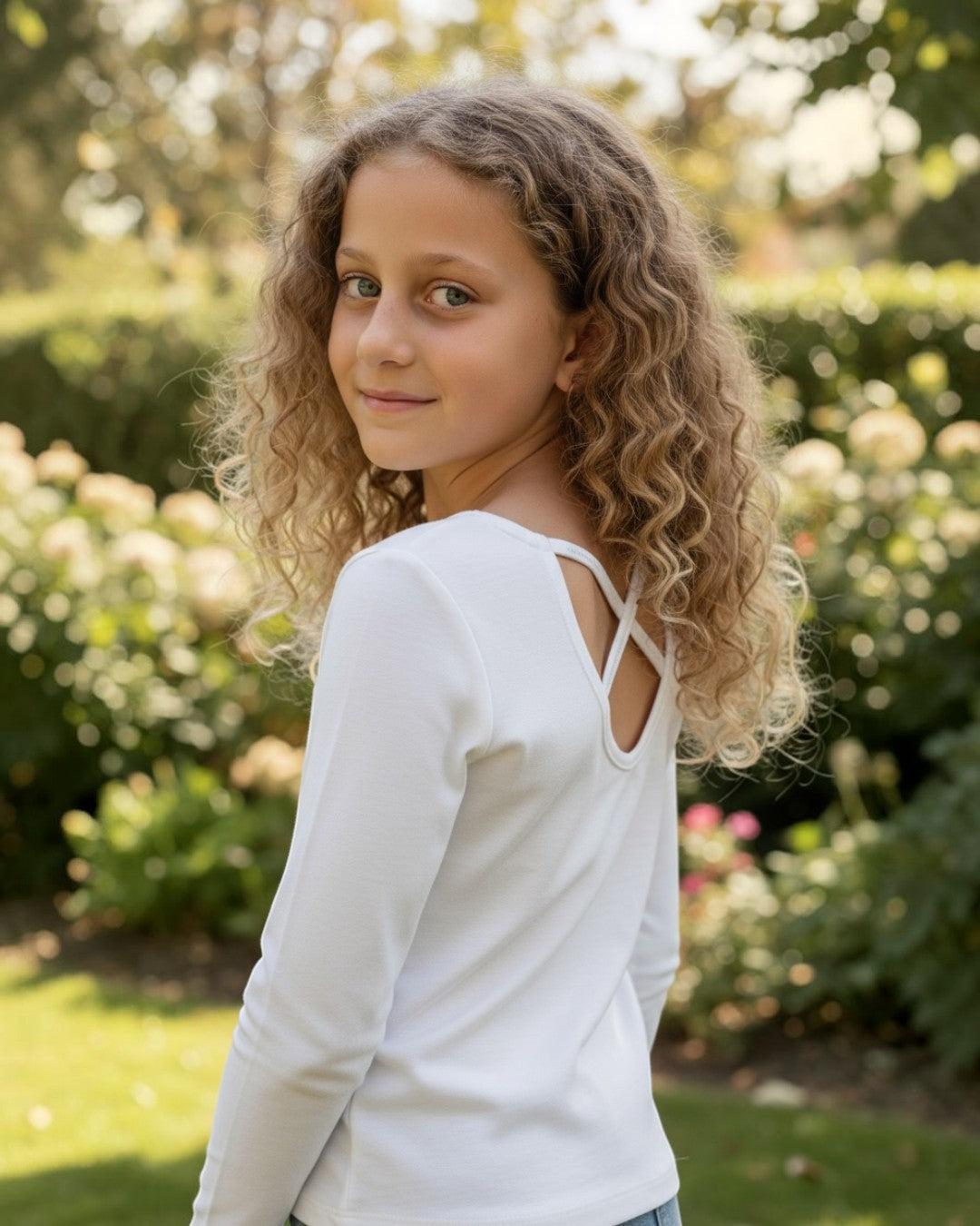 Young girl with curly hair wearing a white long-sleeve top in a garden setting
