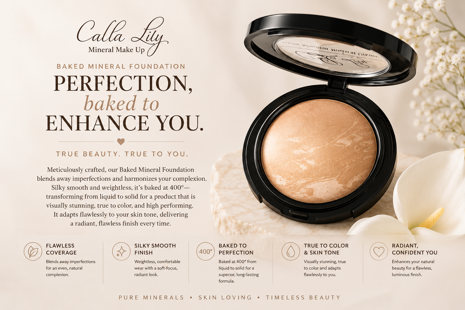 Calla Lily baked mineral foundation compact with product details on a light background