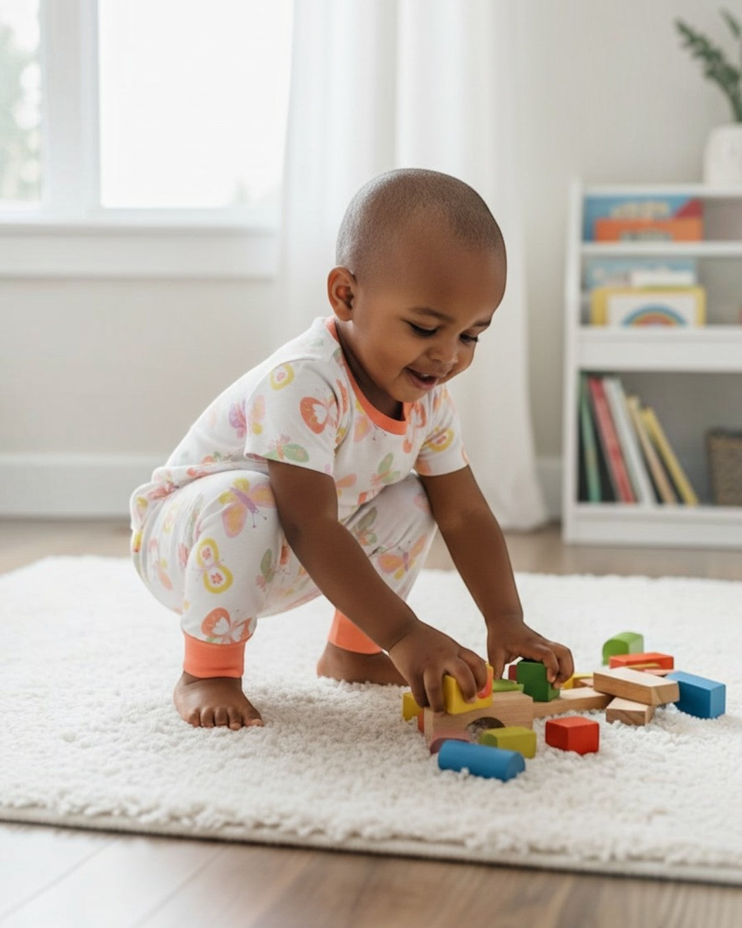 Child playing with colorful blocks on a rug in a room with books and a window.