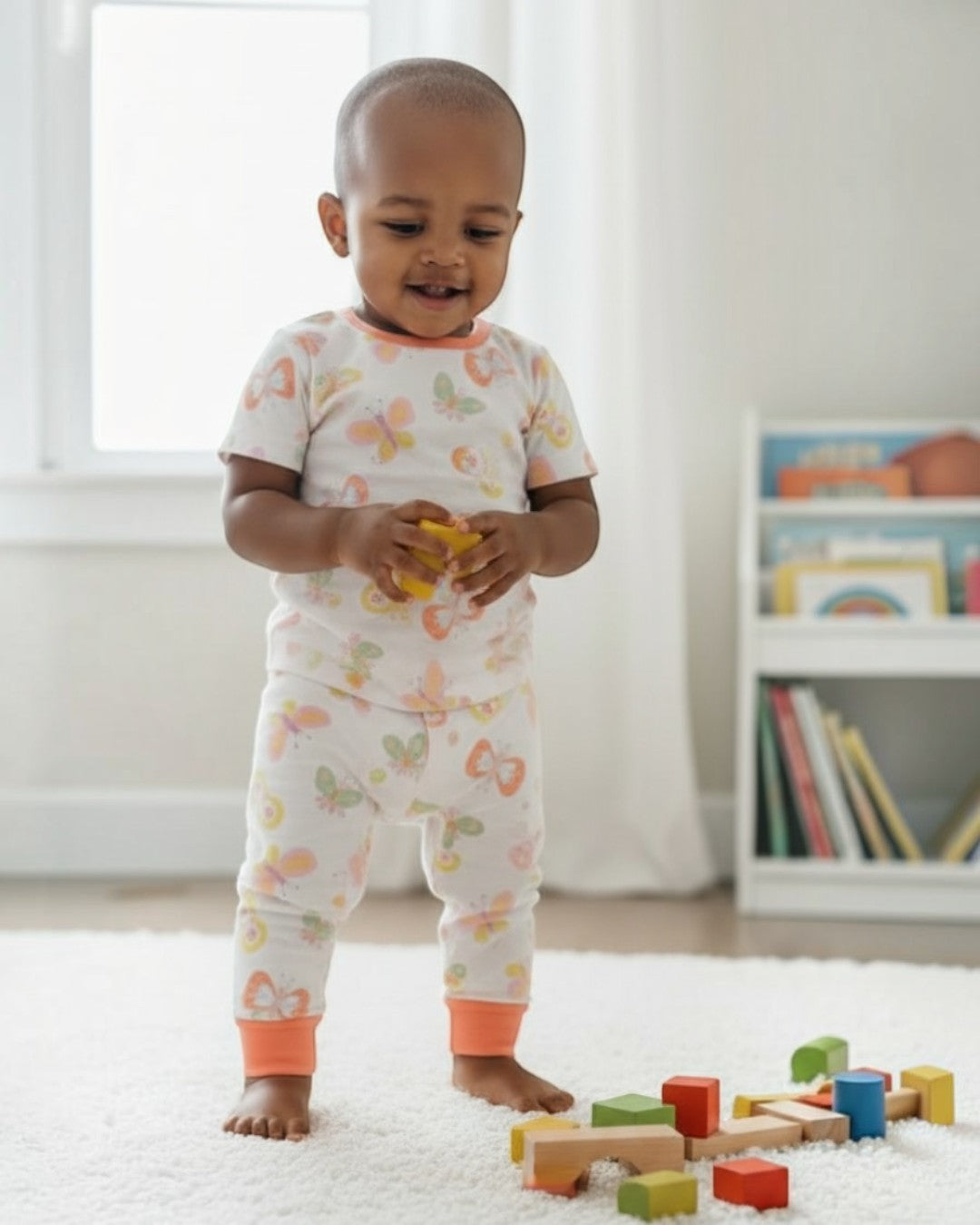 Child playing with toys on a rug in a room with books and a window.