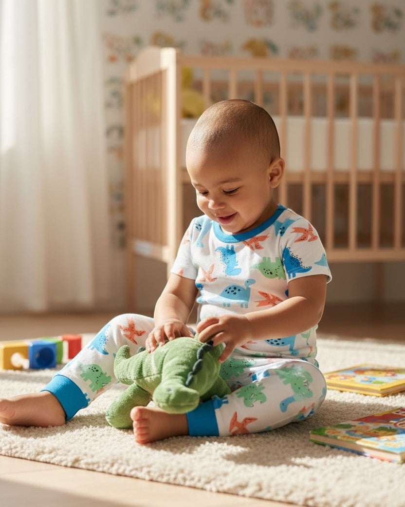 Baby playing with a green toy in a nursery