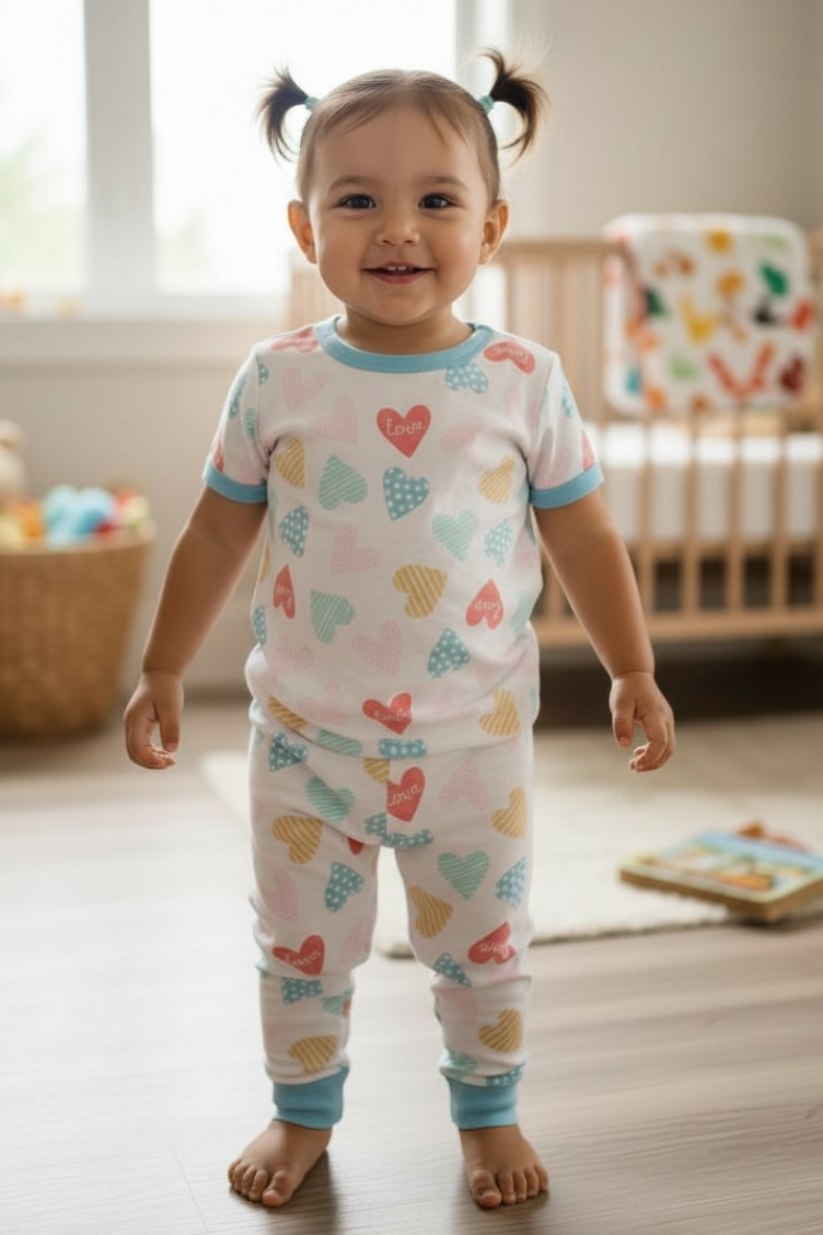 Child wearing colorful heart-patterned pajamas in a nursery.