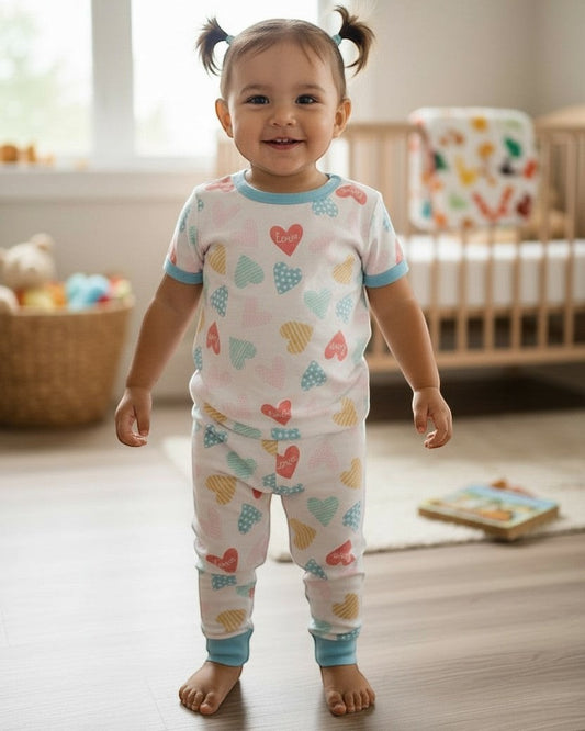 Child wearing colorful heart-patterned pajamas in a nursery.