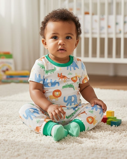 Baby sitting on a carpeted floor in a nursery with toys and a crib in the background.