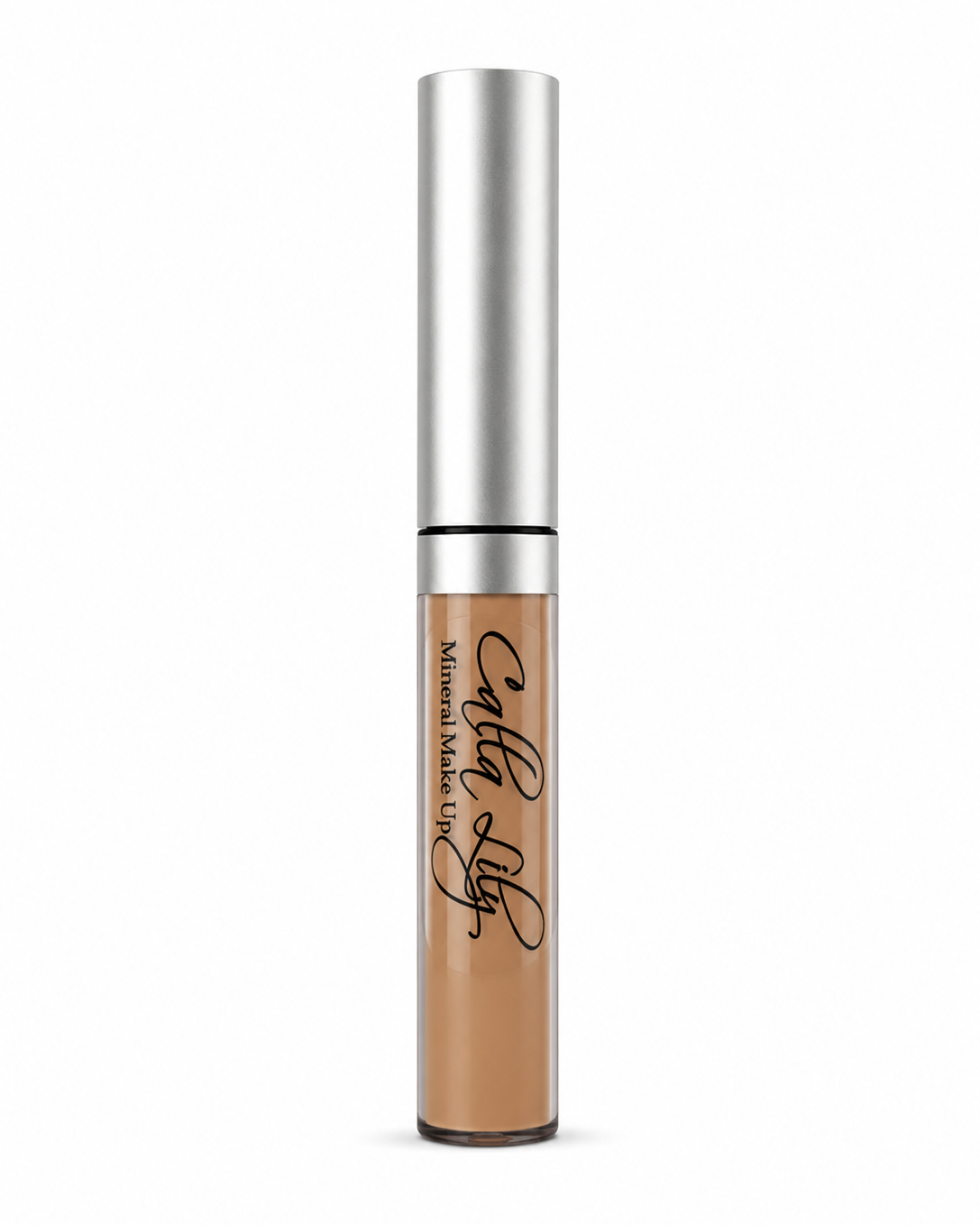 Cosmetic concealer with silver applicator on a white background
