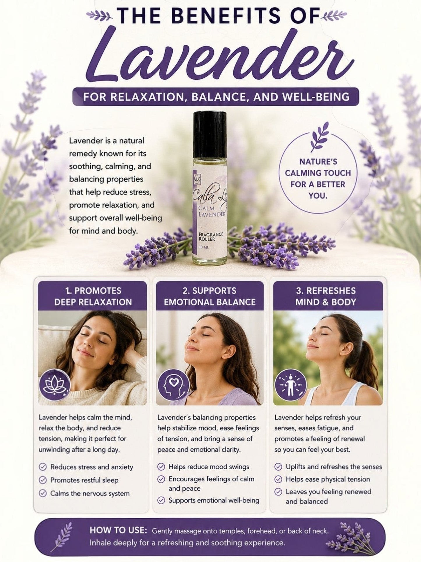 Infographic about the benefits of lavender for relaxation, balance, and well-being with a bottle of lavender essential oil.