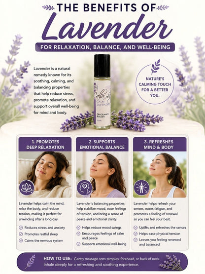 Infographic about the benefits of lavender for relaxation, balance, and well-being with a bottle of lavender essential oil.