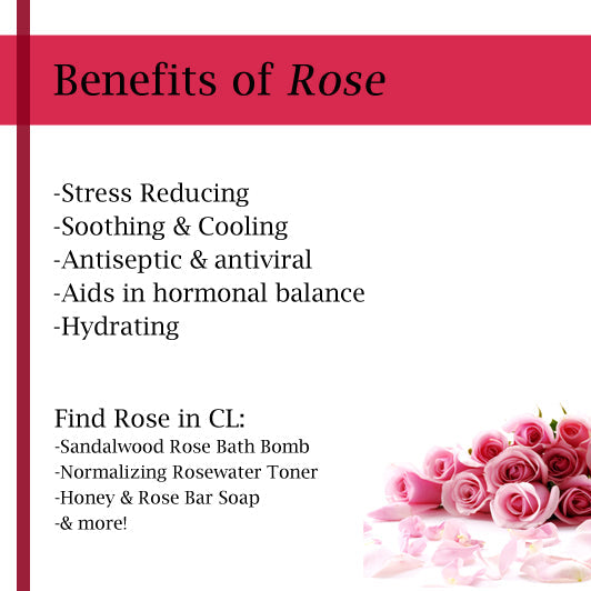 List of benefits of rose with a bouquet of pink roses on a white background, featuring Calla Lily Cosmetics.