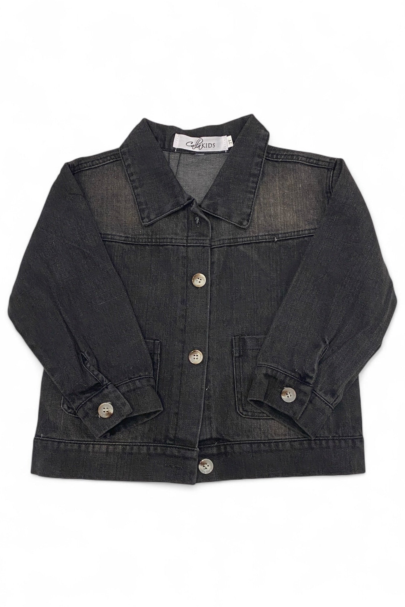 Black denim jacket with button details on a white background
