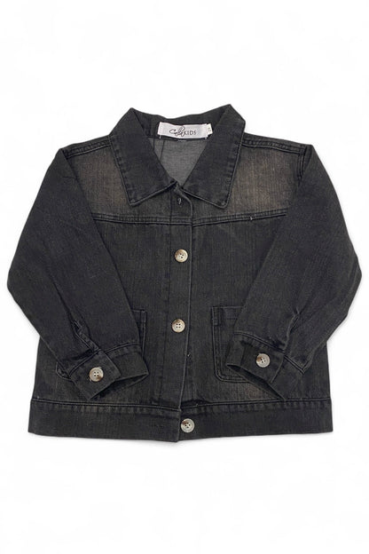 Black denim jacket with button details on a white background