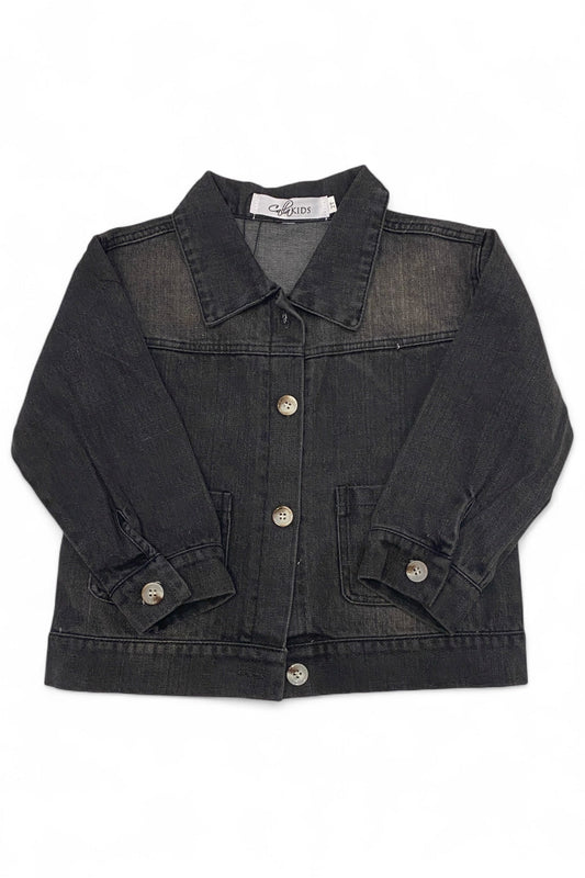 Black denim jacket with button details on a white background