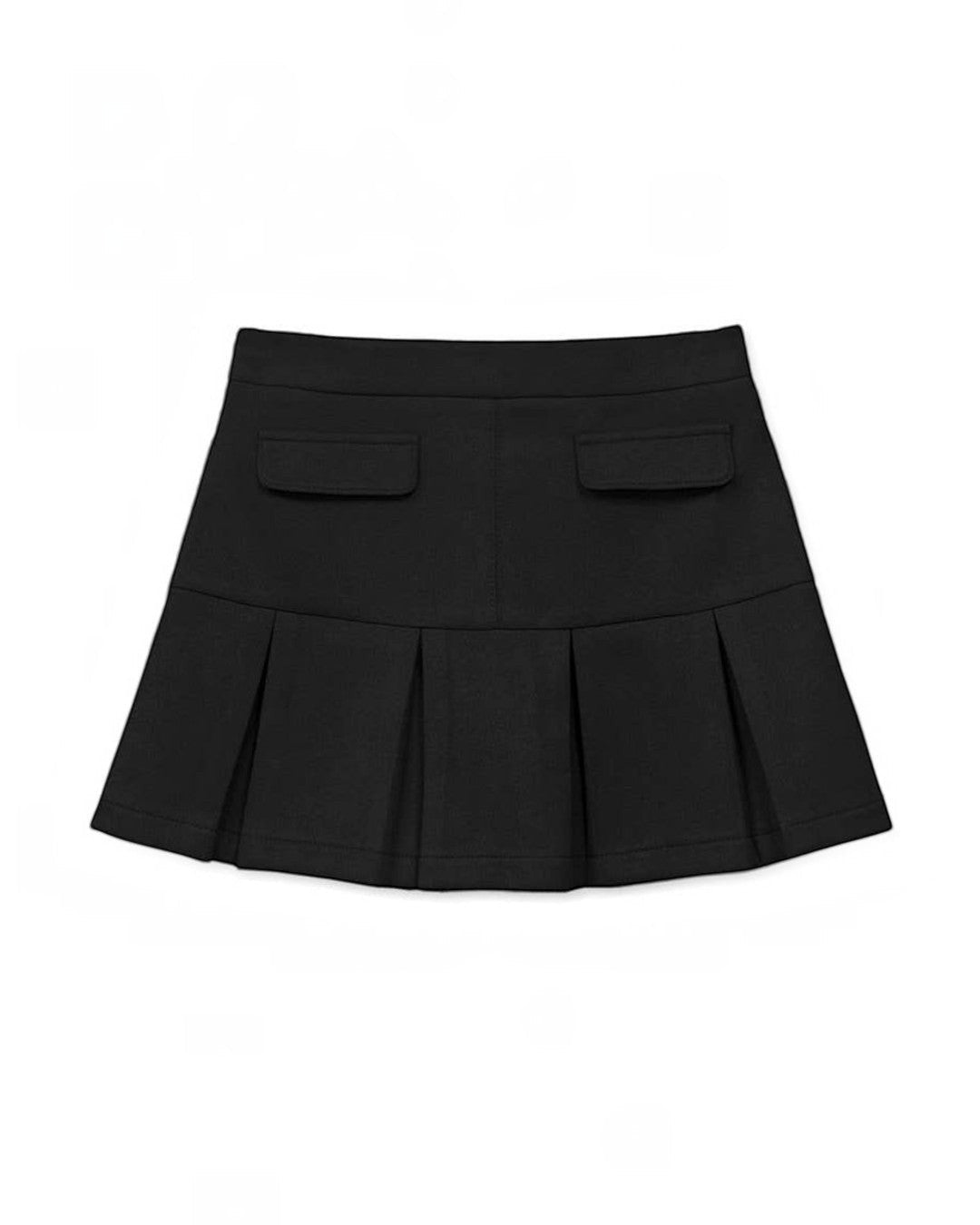 Black pleated skirt with two front pockets on a white background