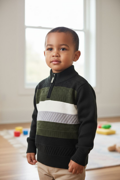 Child wearing a striped sweater in a room with toys on the floor