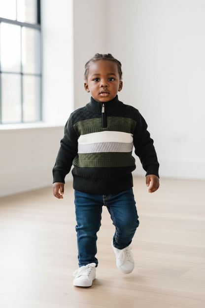 Child wearing a striped sweater and jeans standing in a room with large windows.