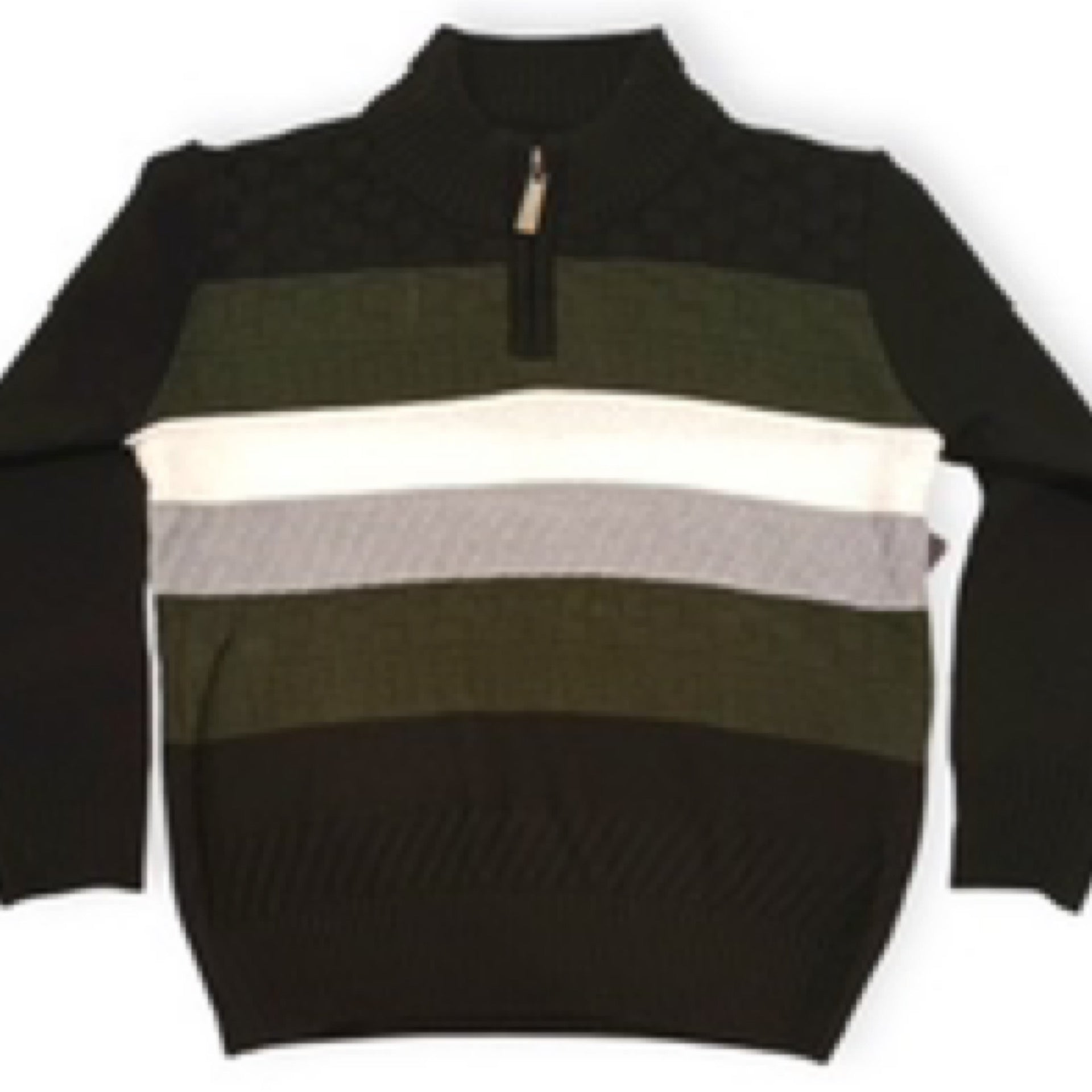 Black and green striped sweater with a zipper on a white background