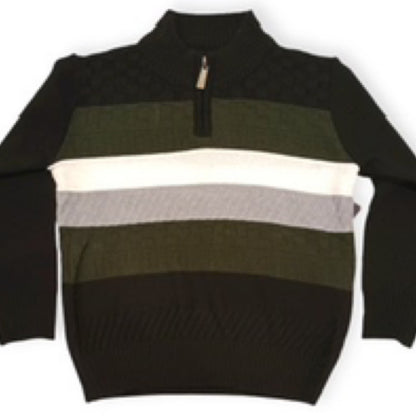 Black and green striped sweater with a zipper on a white background