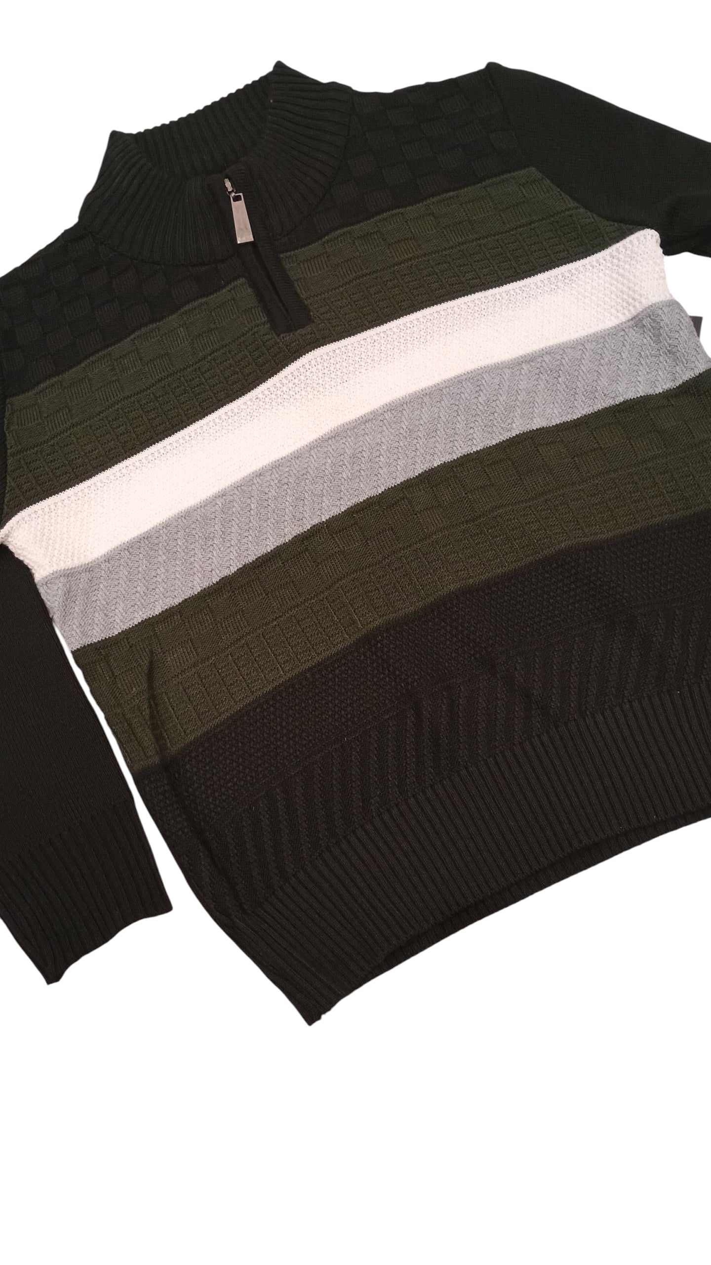 Stack of black, gray, and white sweaters on a white background