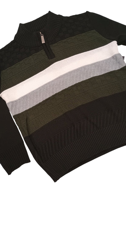 Stack of black, gray, and white sweaters on a white background