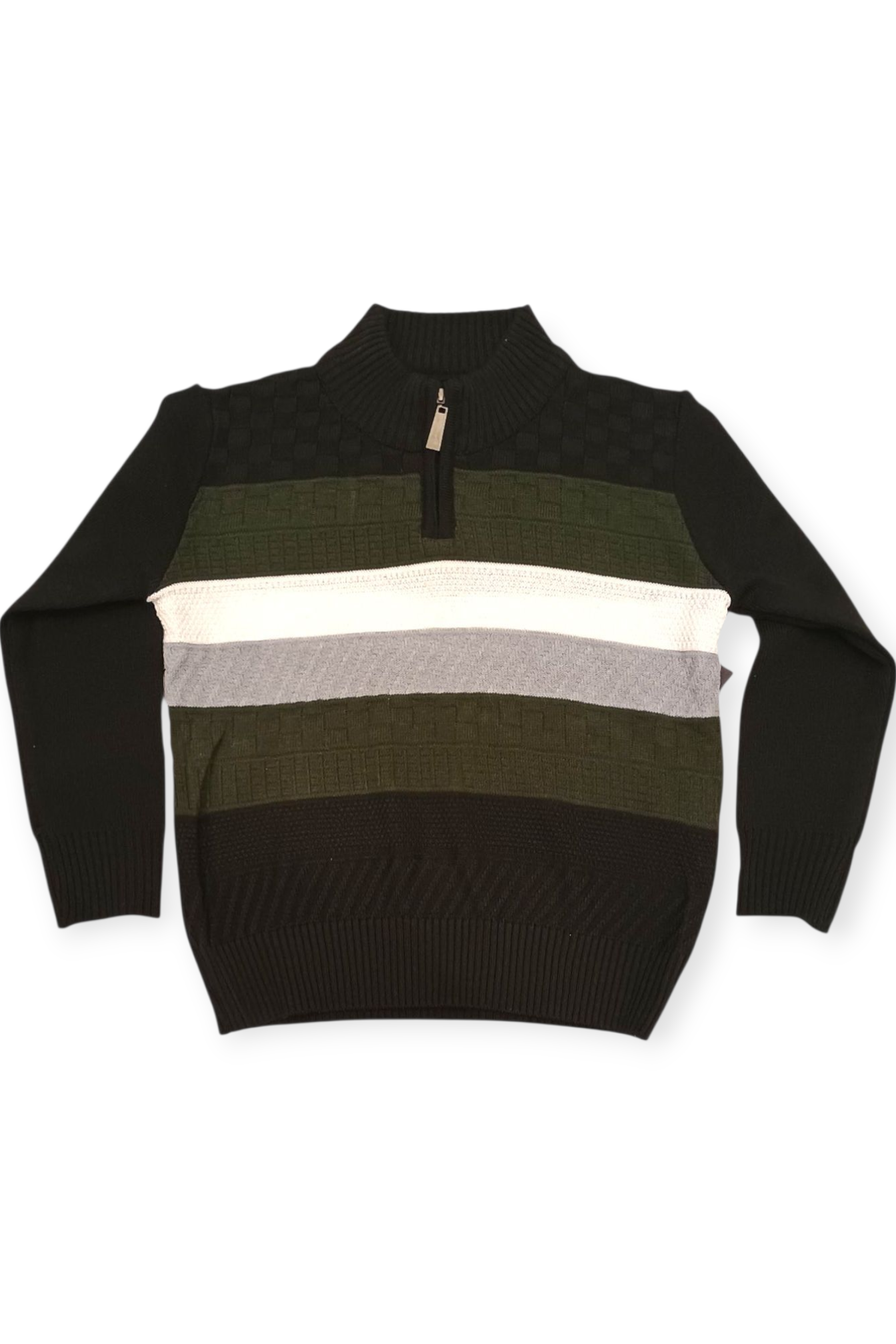 Color-blocked sweater with black, green, and white stripes on a white background