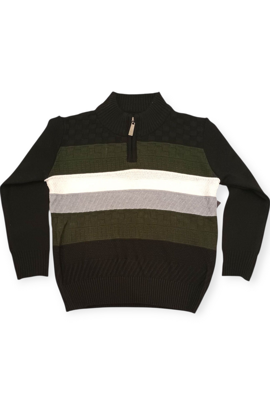 Color-blocked sweater with black, green, and white stripes on a white background
