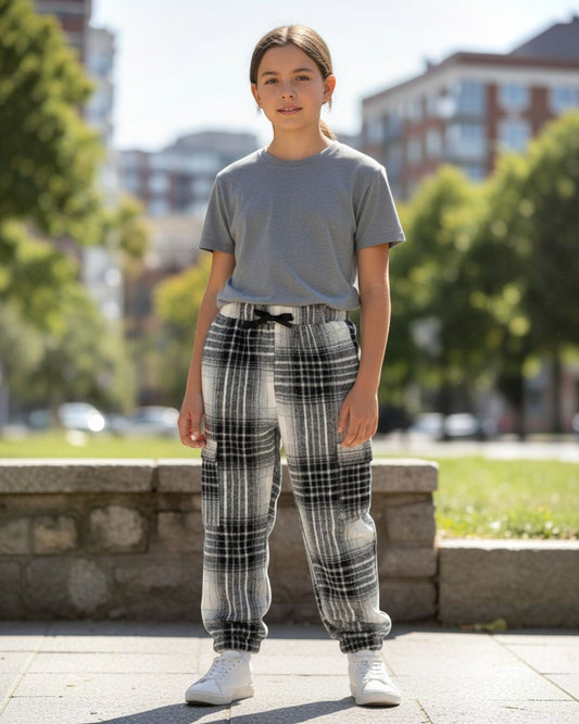 Person wearing a gray t-shirt and plaid pants standing outdoors with buildings and greenery in the background.