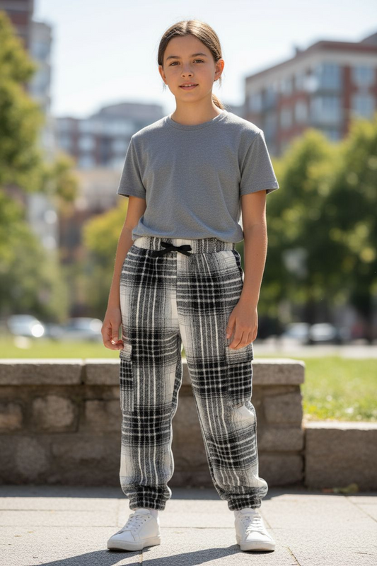 Person wearing a gray t-shirt and plaid pants standing outdoors with buildings and greenery in the background.