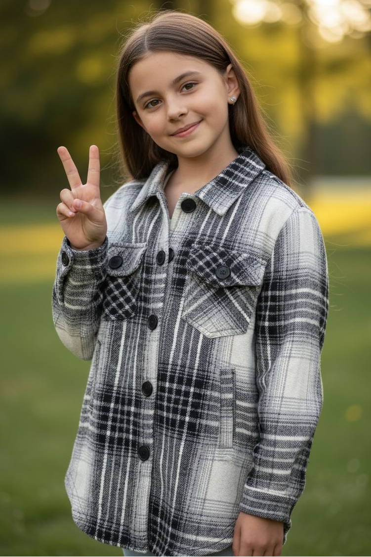 Young girl in a plaid shirt making a peace sign outdoors