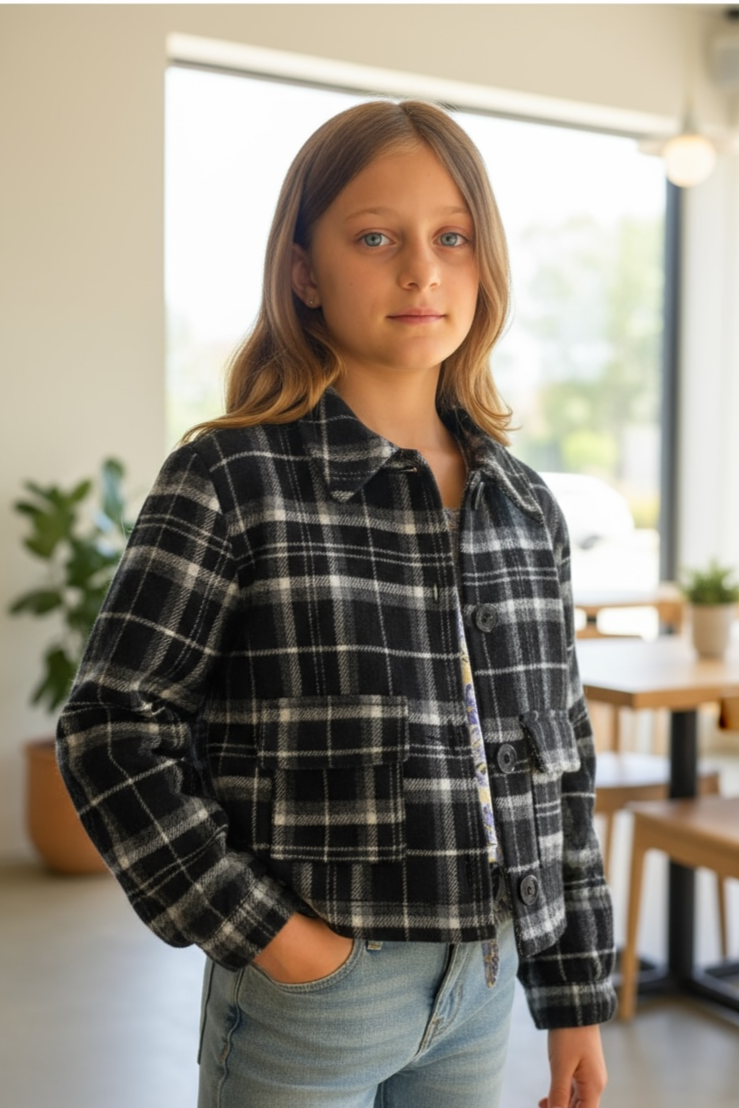 Person wearing a plaid shirt in an indoor setting with tables and chairs.