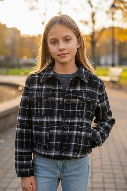 Young girl wearing a plaid jacket and jeans standing outdoors with a blurred background